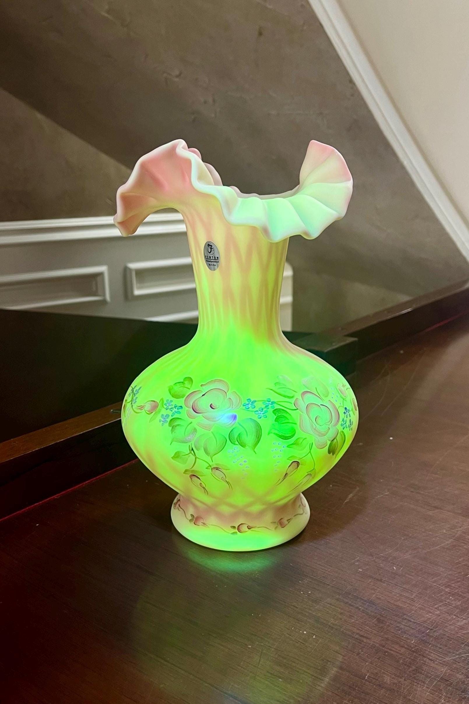 Fenton 10 1/2” Uranium Burmese Glass Hand Painted Diamond Optic