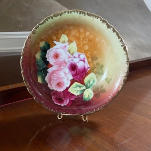 Antique German Hand Painted American Beauty Roses Porcelain Bowl Signed by the Artist