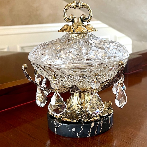 Vintage Hollywood Regency Ornate Brass and Hand Cut Lead Crystal Candy Dish With a Marble Base