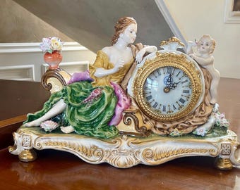 Large Dresden Style Hand Painted Porcelain Figurine Mantle Clock
