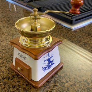 Blue and White Porcelain and Wood Coffee Grinder; Dutch Windmill Style Coffee Grinder