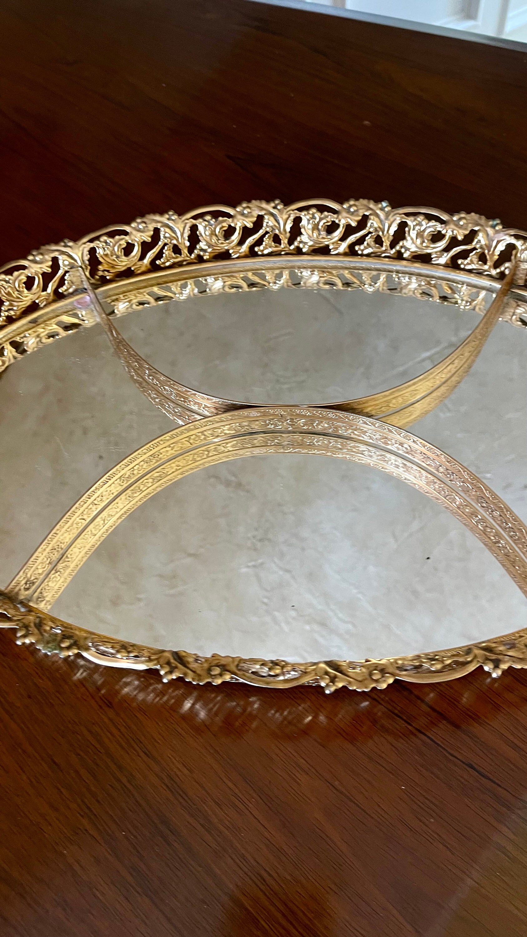 Vintage Brass Ormolu 17” Mirrored Dresser Tray; Hollywood Regency Brass