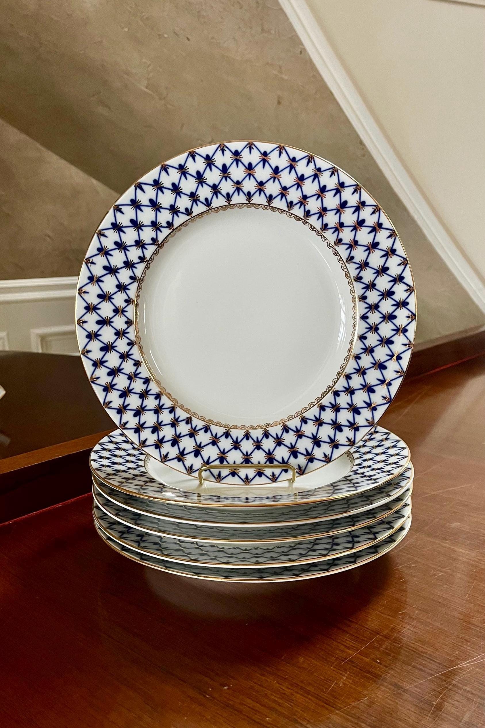 SET of 6 Russian Imperial Lomonosov Porcelain Cobalt Net Dinner