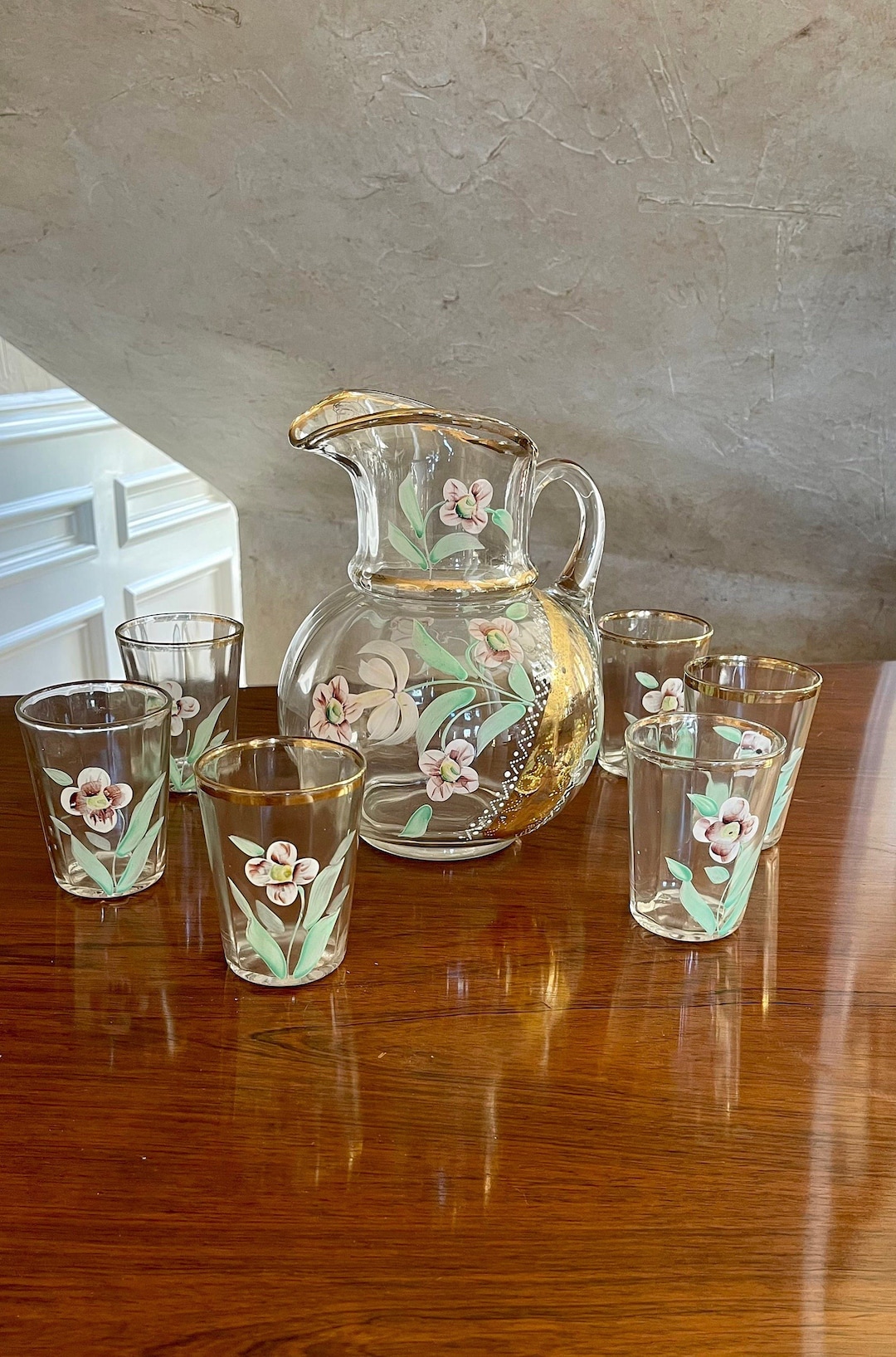 VICTORIAN GLASS セット　アンティーク 7 Pc. Set Antique Victorian Hand Painted Large Glass Pitcher With