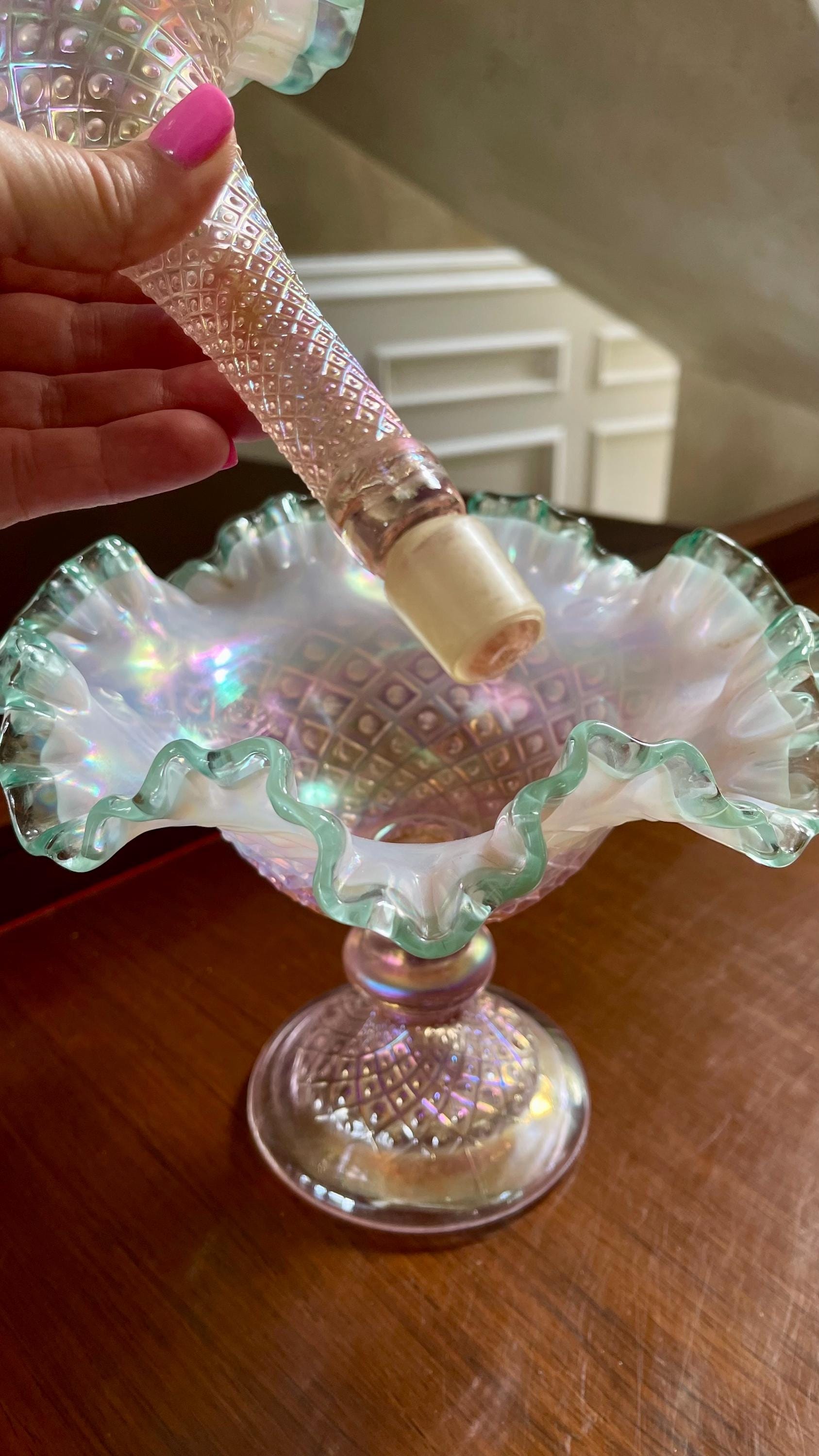 フェントン ピンククレスト Cut & Block オパールセントコンポート Vintage Fenton Pink Opalescent Compote, Vintage Opalescent Fenton