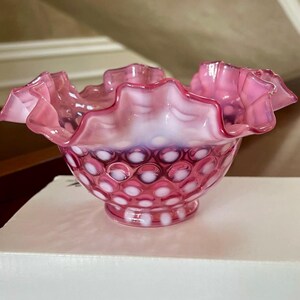 Fenton Glass Cranberry Opalescent Dot Optic Ruffle Top Bowl