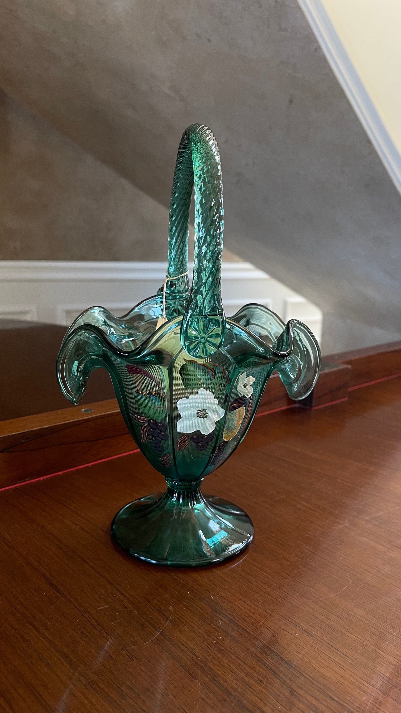 Vintage Fenton Glass Green Hand Painted 10.5” Basket; Fenton Hand