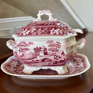 Spode England Pink Tower Large Covered Soup Tureen With Ladel And Under Platter