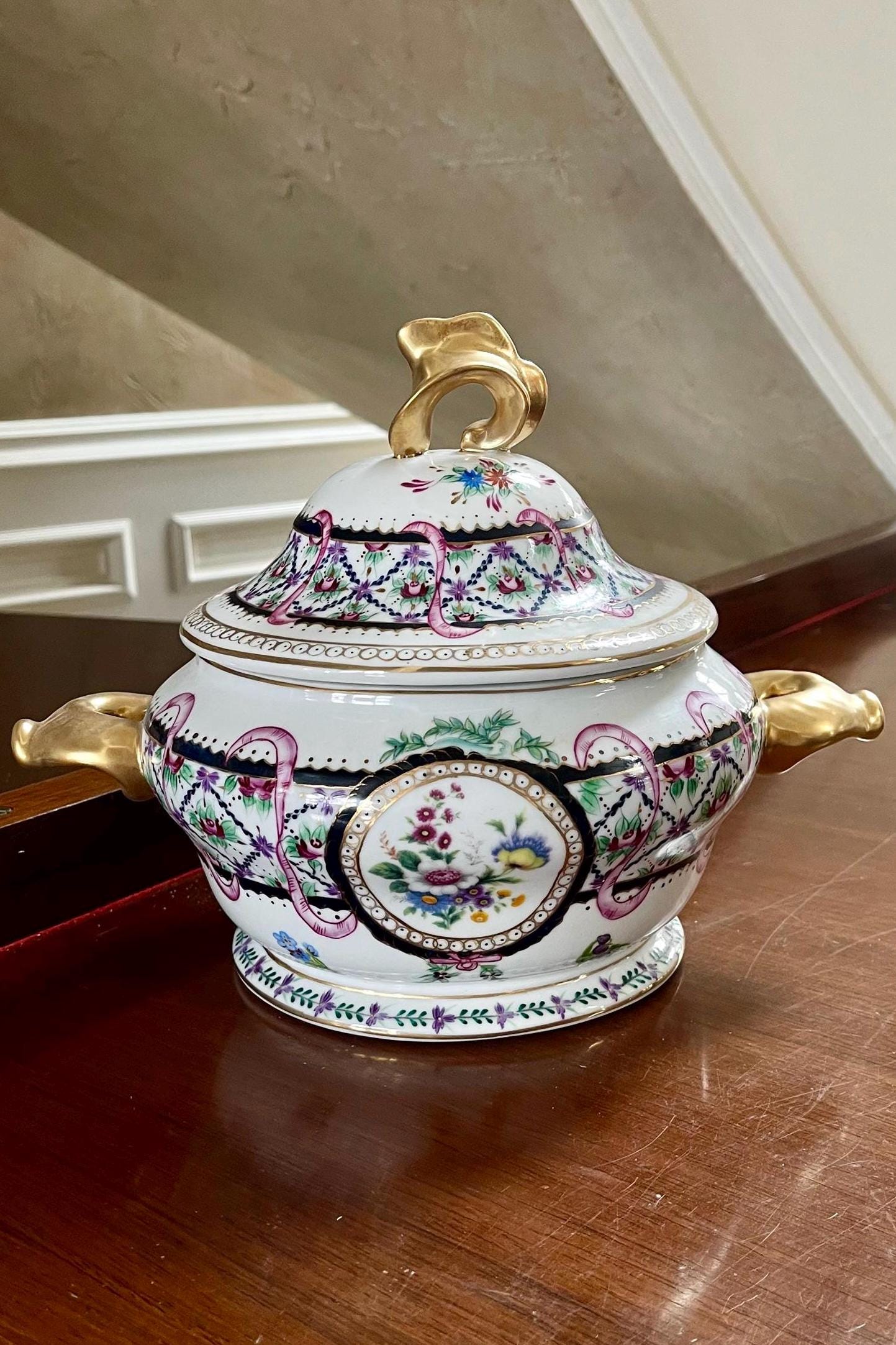 Vintage Dresden Style Porcelain Covered Bowl; Victorian Style Porcelain Tureen
