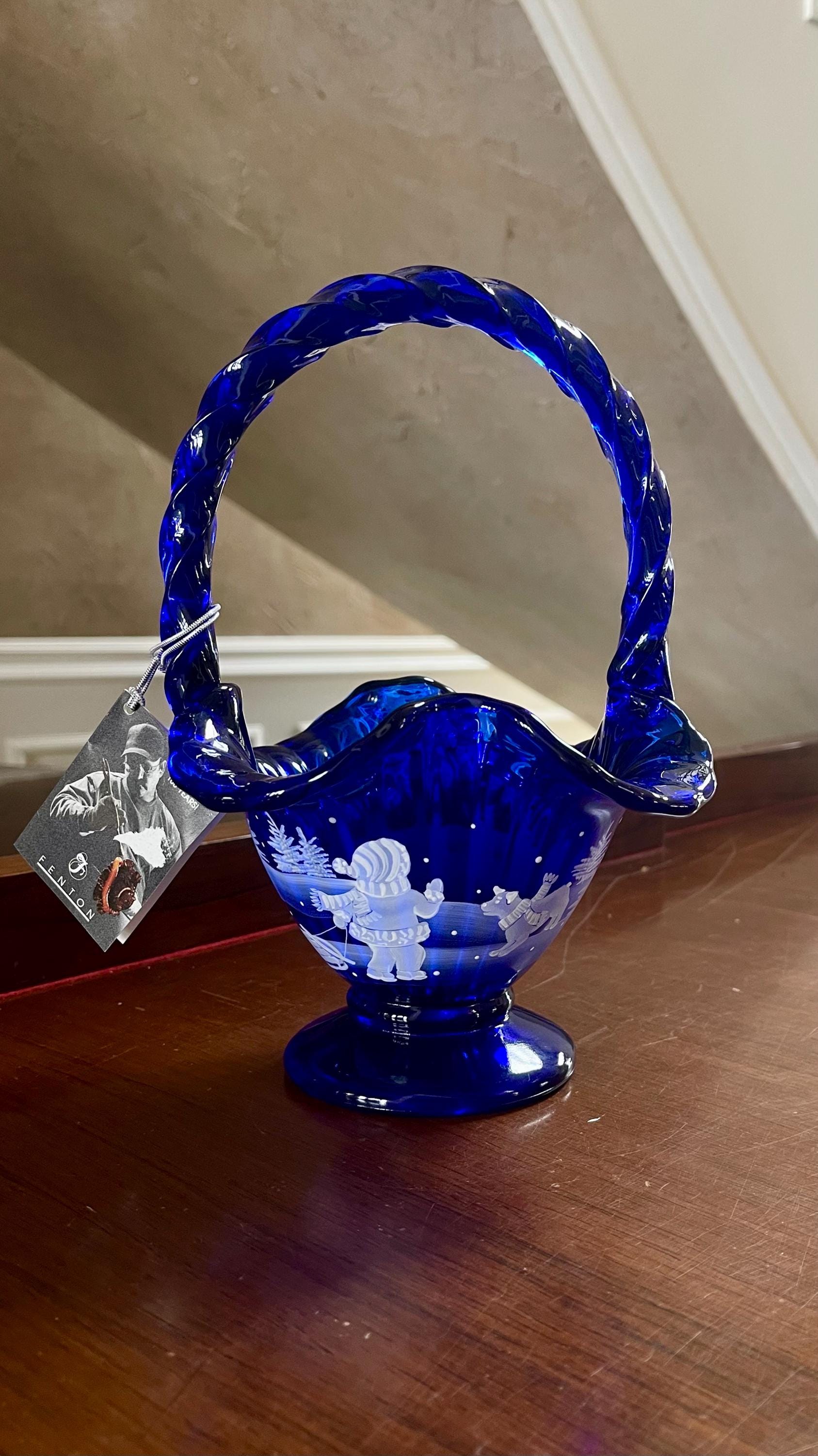 Fenton Blue Glass Basket - Etsy