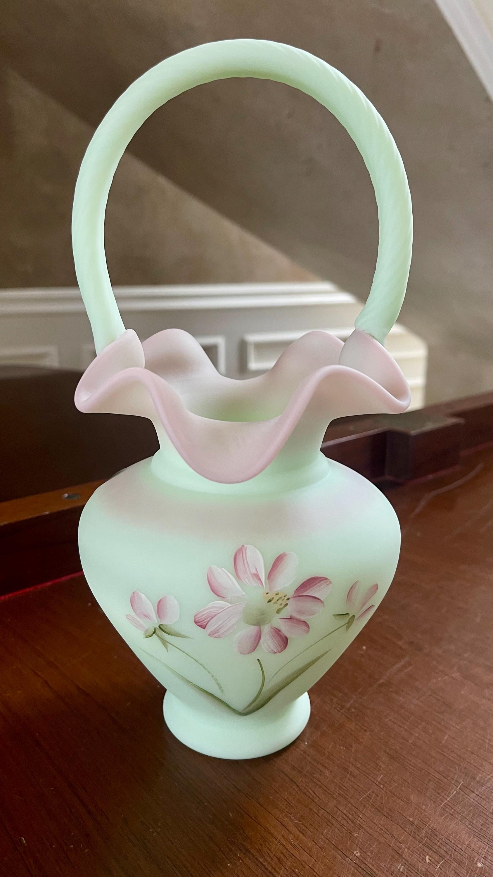 Fenton Lotus Mist Burmese Daisy Butterfly Hand Painted Basket