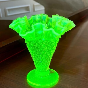 Fenton Uranium Glass Hobnail Vase; Fenton Vaseline Glass