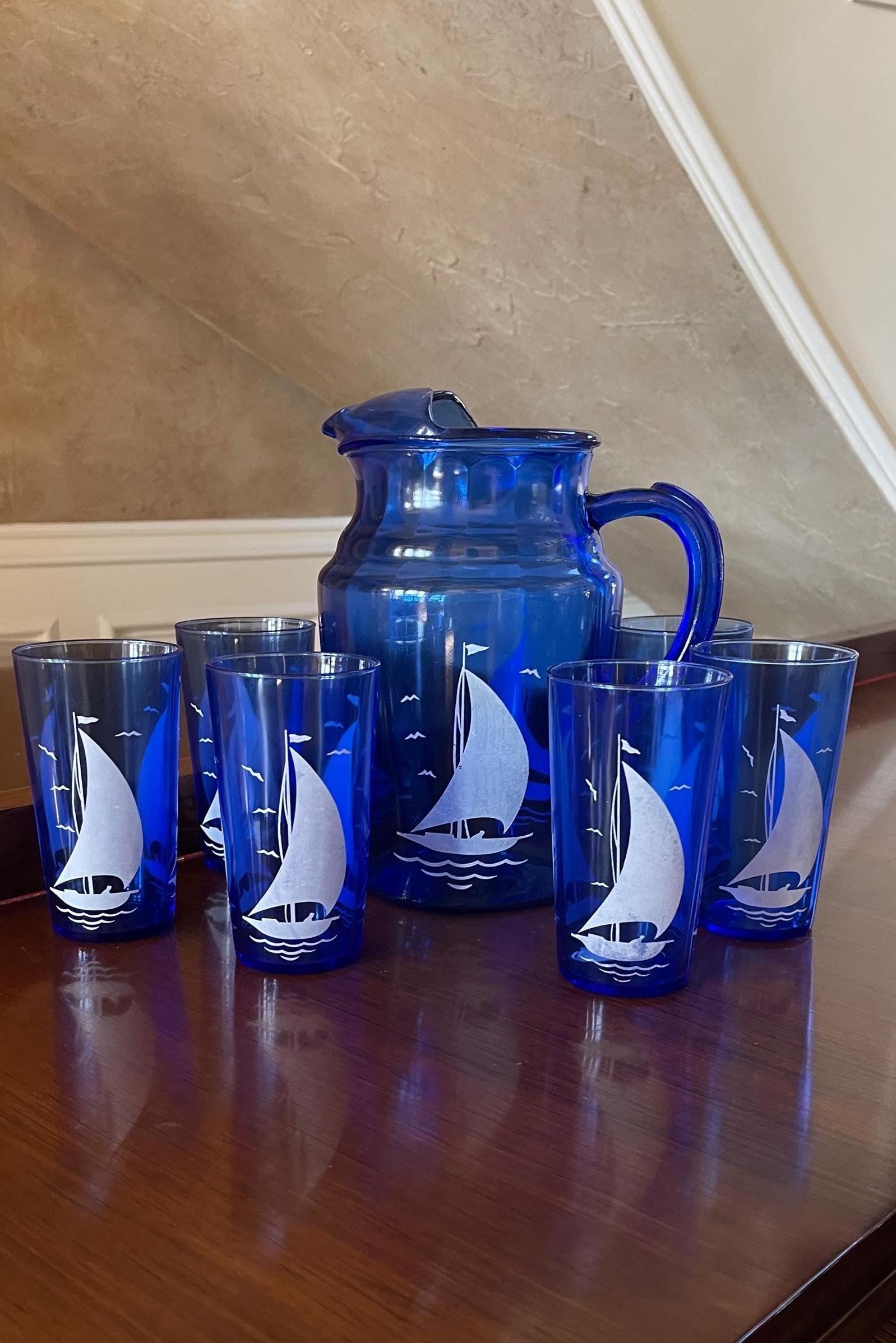 Vintage Hazel Atlas Cobalt Blue Sailboat Water Pitcher and 6