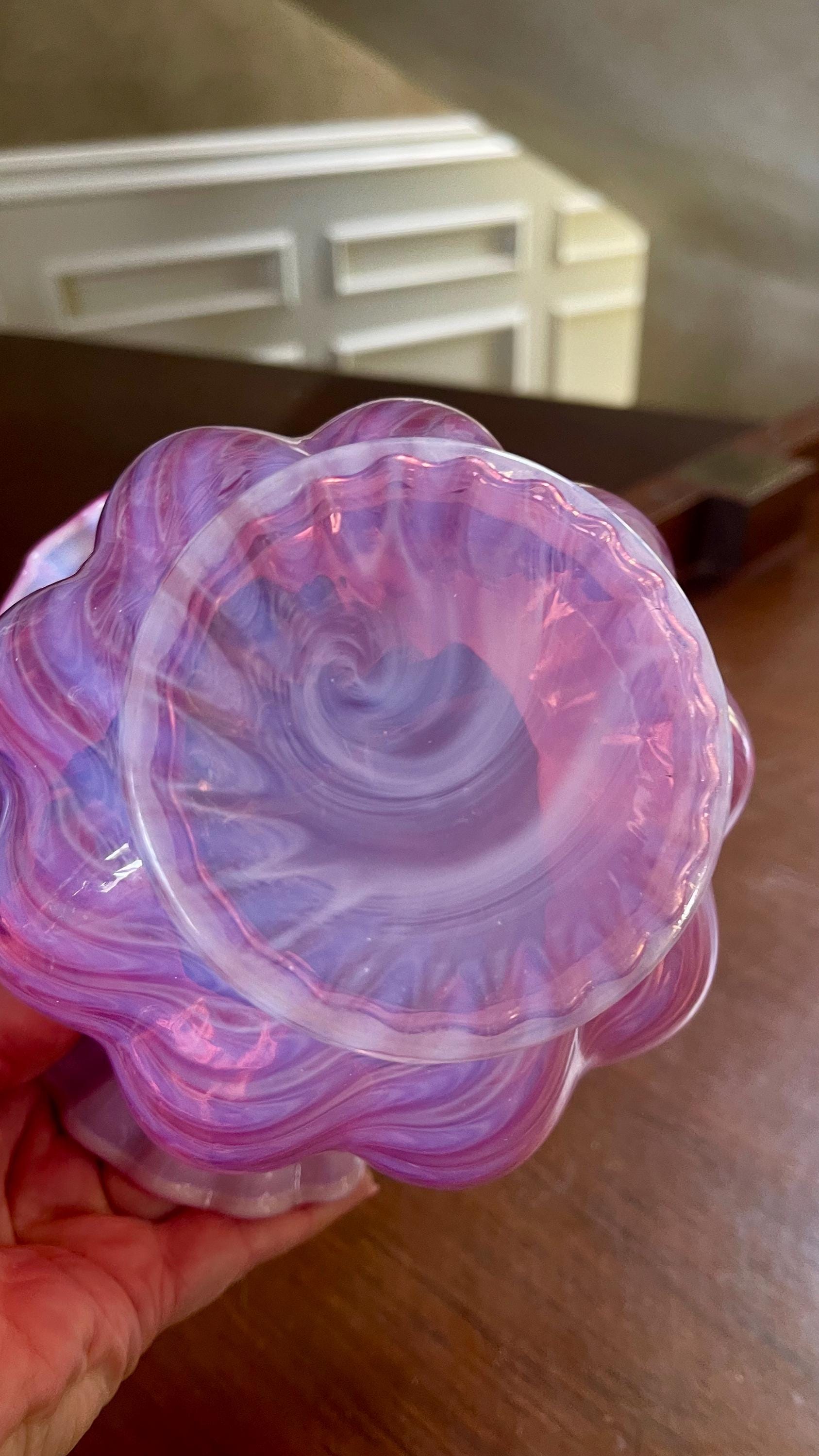 Vintage Fenton Cranberry Opalescent Swirl Optic Rose Bowl; Vintage