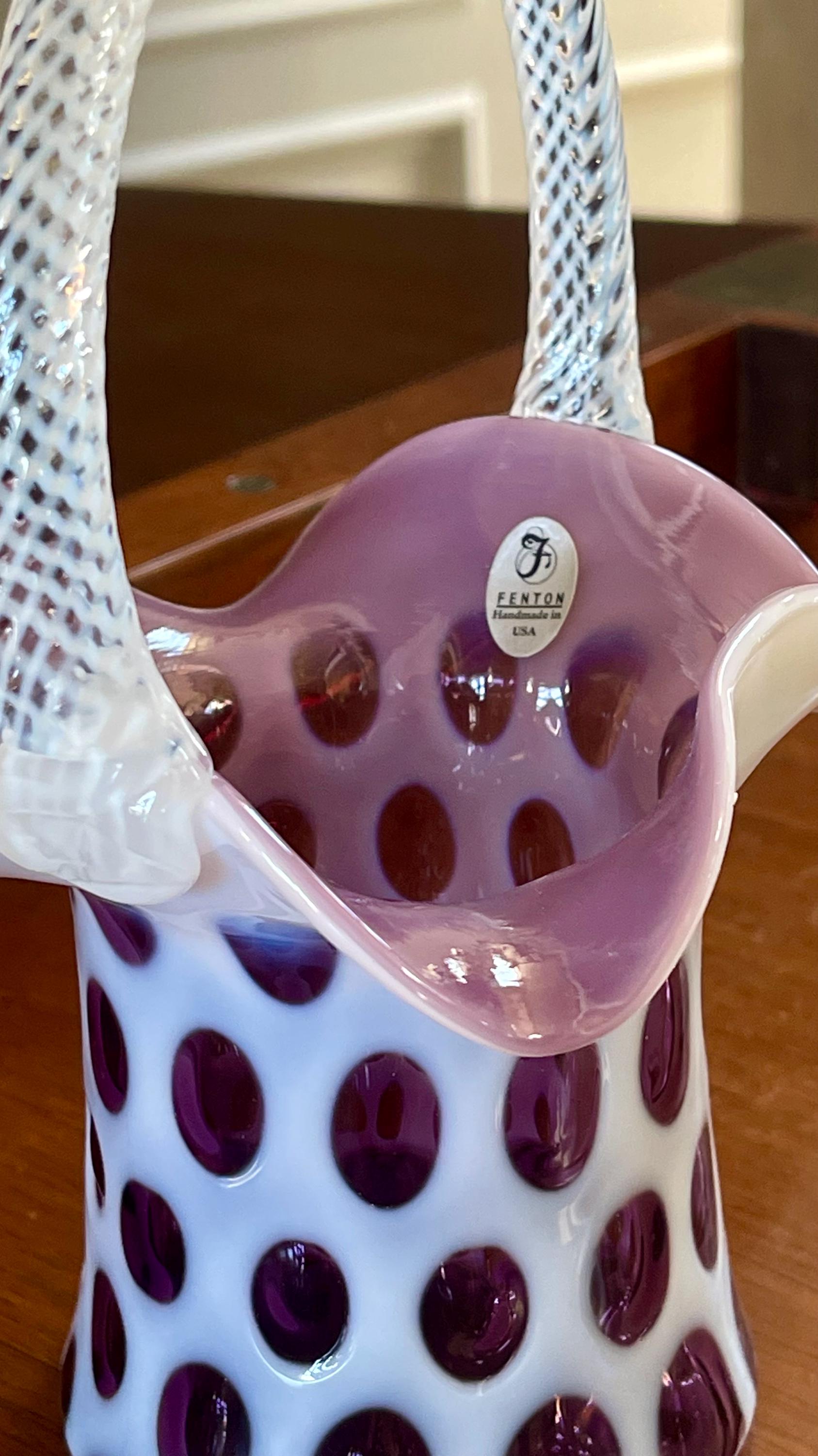 レア！オールドフェントン コインドット fentonバスケット アンティーク Fenton Glass Violet Purple Coin Dot Optic Opalescent Basket