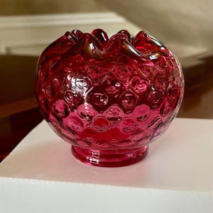 Fenton Cranberry Glass Rose Bowl; Vintage Coin Dot Optic Cranberry