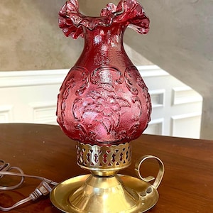 Fenton Cranberry Glass Wild Rose Lamp; Fenton Art Glass Lamp