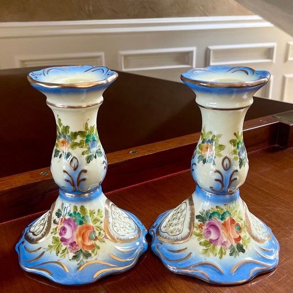 Pair of Hand Painted Porcelain Candleholders; Victorian Candlesticks