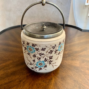 Rare Antique English Victorian Tapestry Ware Biscuit Jar