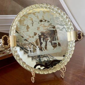 Vintage Venetian Glass Round Mirrored Dresser Tray; Mirror Murano Glass Mid Century Modern Vanity Tray