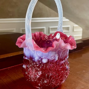 Fenton 11” Cranberry Opalescent Poppy Basket; Large Fenton Basket