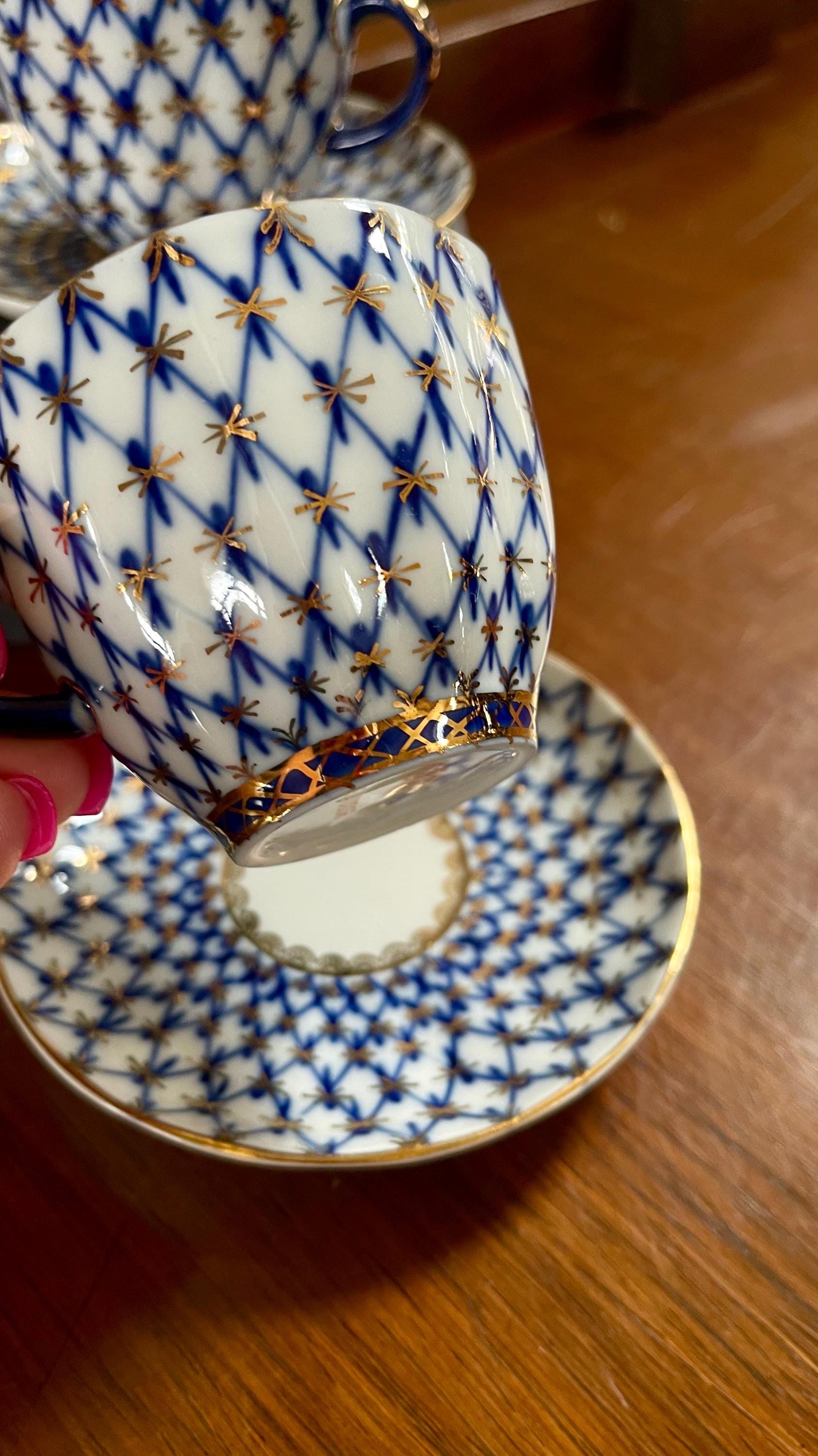 Pair Lomonosov Porcelain Net Blue and White Cup and Saucer Set