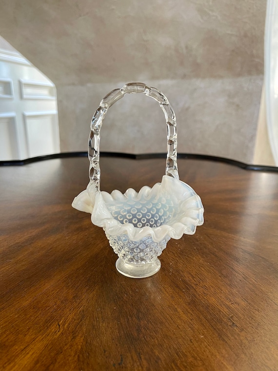 Vintage Fenton Glass Clear Opaline Basket; Collectible Fenton