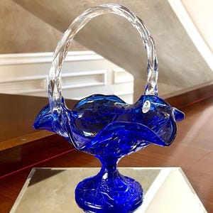 Large Fenton Glass Cobalt Blue Basket; Fenton Basket