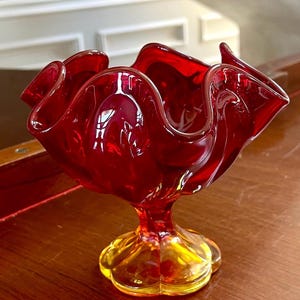 Vintage Mid Century Modern Amberina Glasss Compote