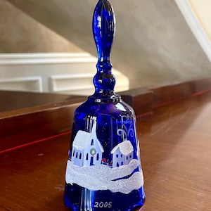 Fenton Glass Cobalt Blue 2005 Christmas Hand Painted Bell; Fenton Art Glass Bell