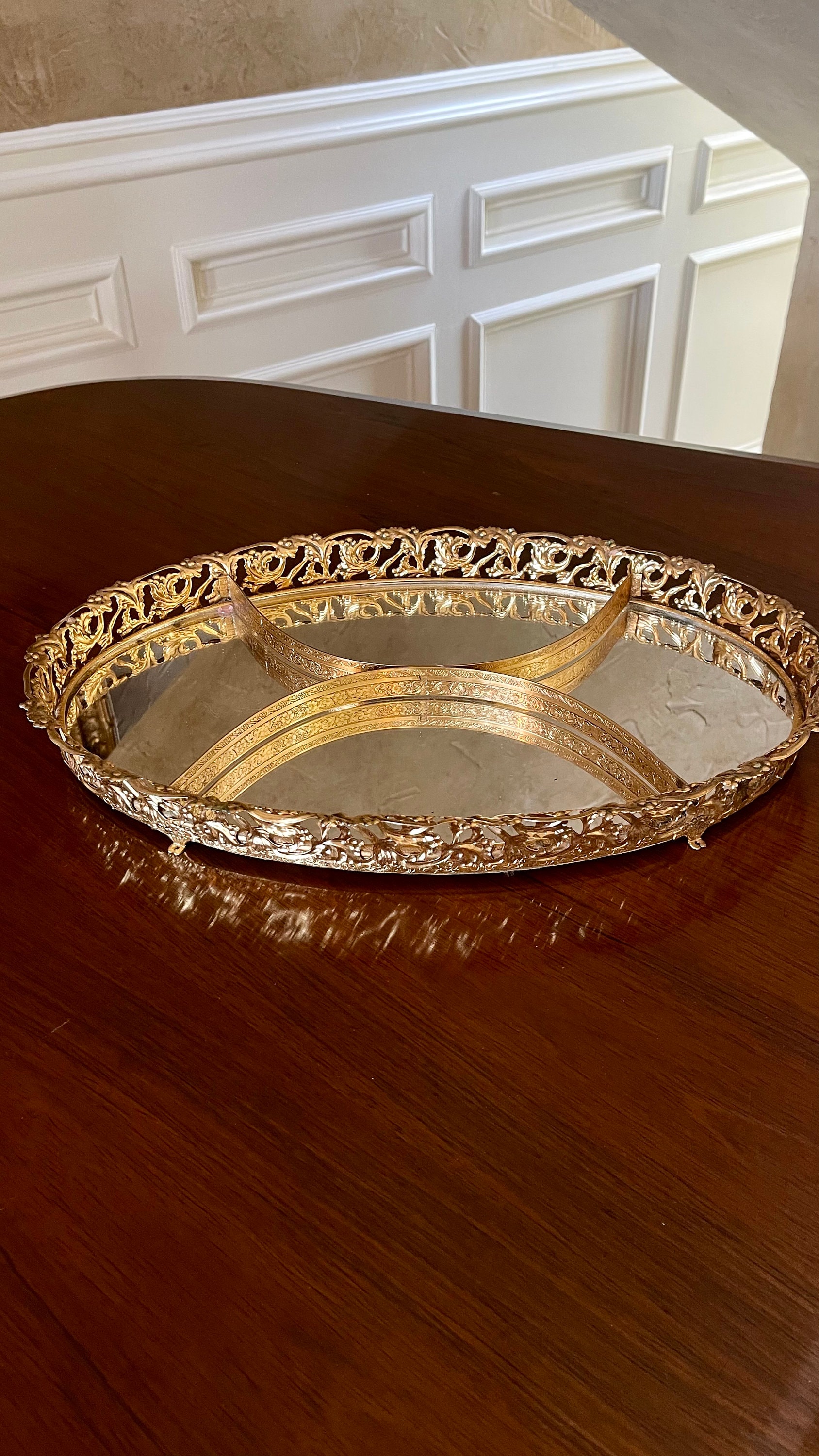 Vintage Brass Ormolu 17” Mirrored Dresser Tray; Hollywood Regency Brass