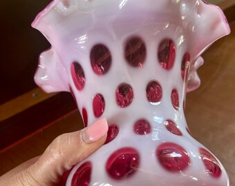 Fenton Glass Cranberry Opalescent Coin Dot Optic Ruffle Top Vase