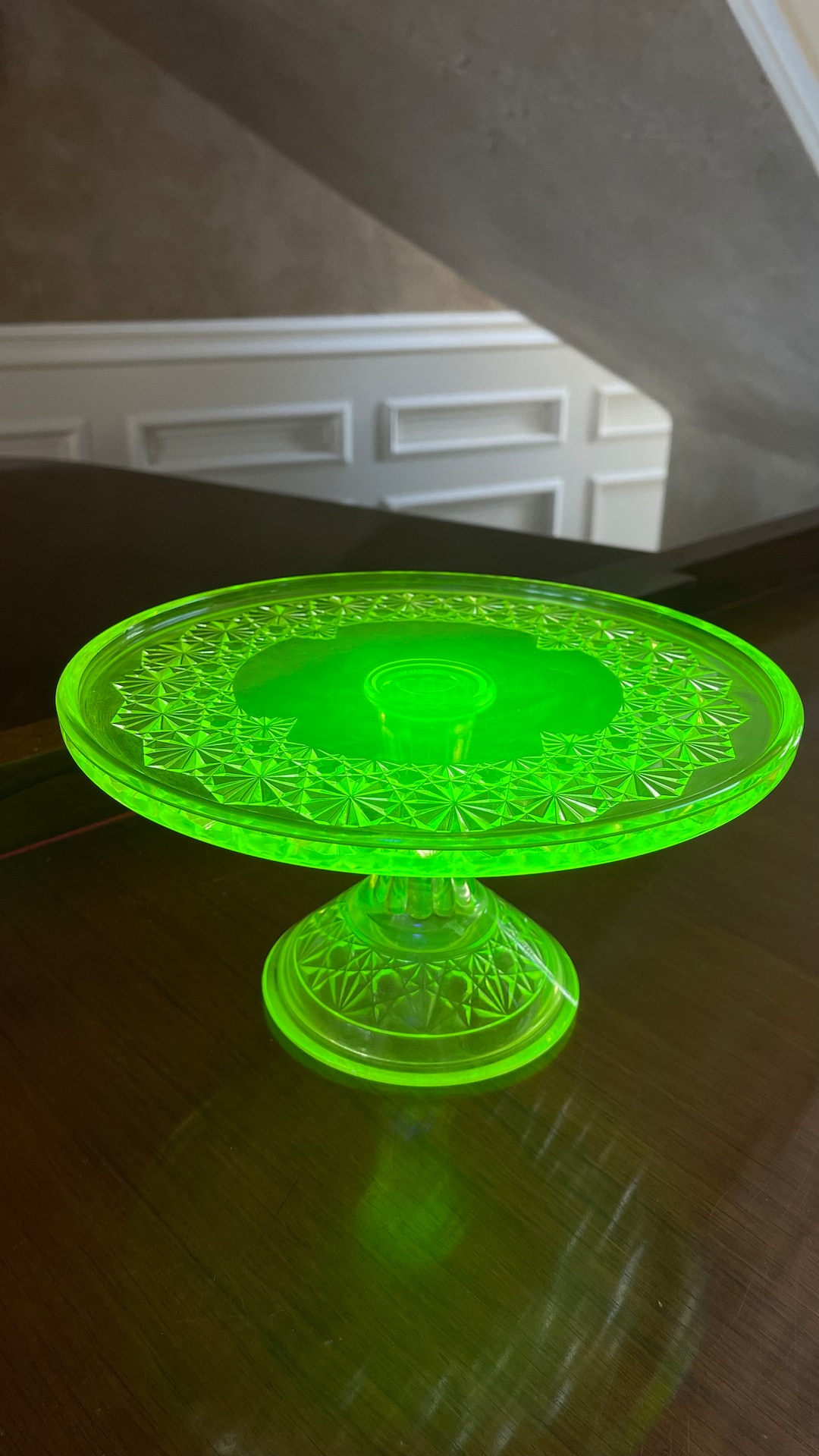 Uranium Glass Daisy and Button Cake Stand Vaseline Glass Cake Etsy