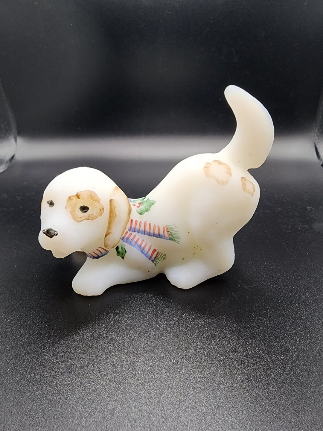 Fenton Satin Glass Playful Puppy Dog Figurine Paperweight Vintage