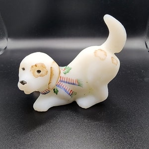 Fenton Satin Glass Playful Puppy Dog Figurine Paperweight; Vintage Fenton Glass Dog