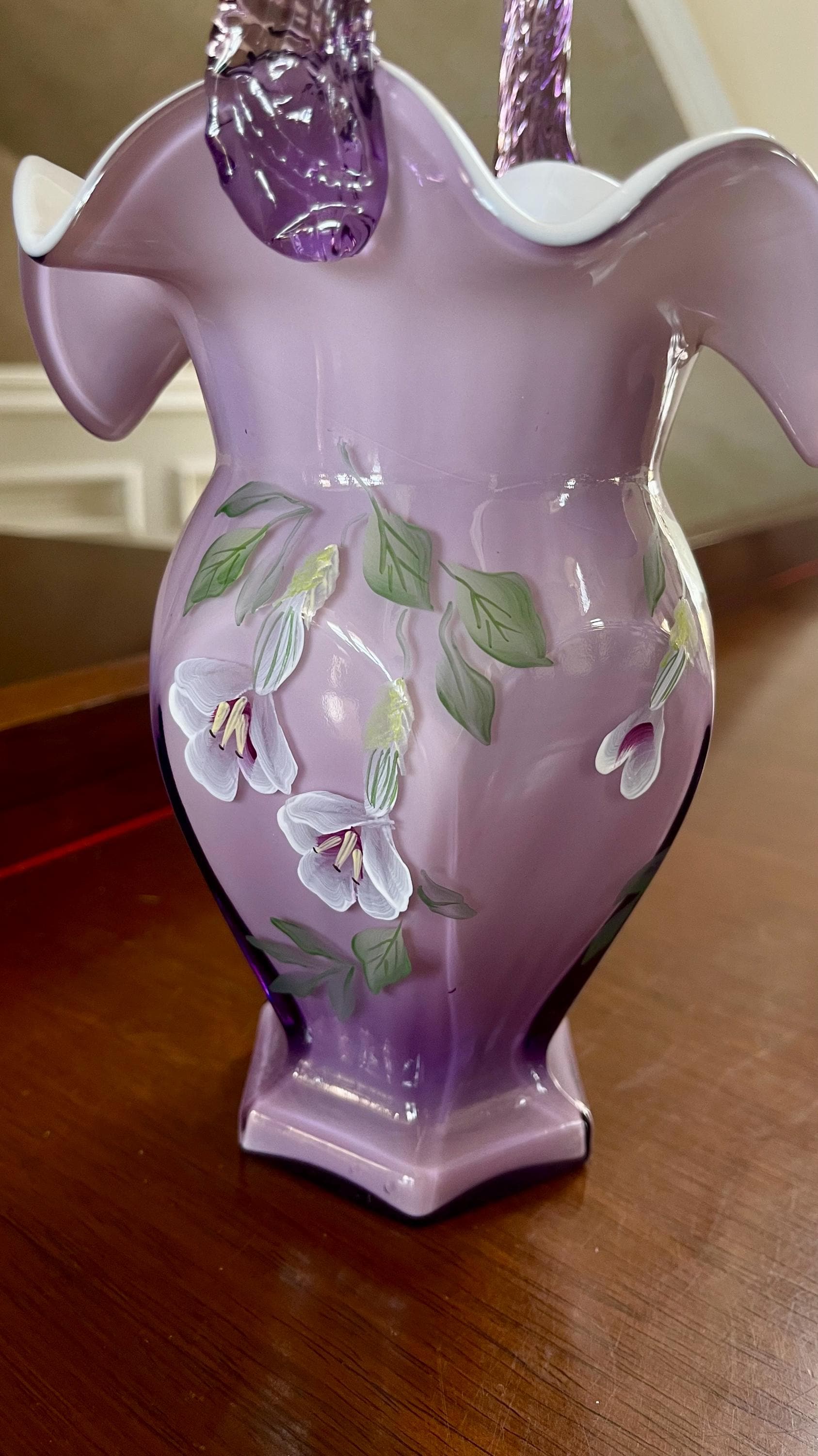 Outstanding Fenton Purple Cased Glass 10.5” Hand Painted Dragonfly