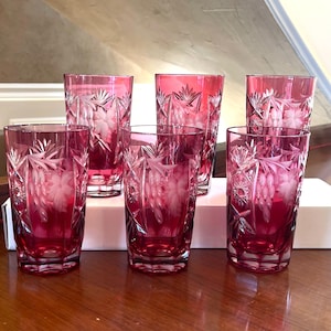 Juego de 6 vasos altos Natchmann Traube color arándano tallado; Cristal Natchmann Traube