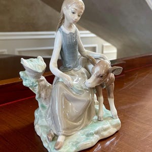 Lladro Girl With Her Calf #4813 Porcelain Figurine Retired