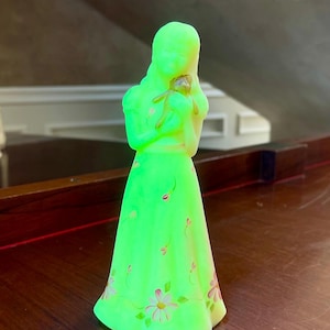 Fenton Uranium Burmese Glass Figurine Girl With Teddy Bear Hand Painted