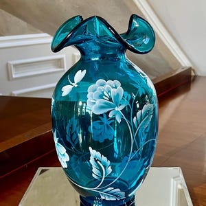 Bill Fenton Memorial Vase 1923-2002; Fenton Art Glass Turquoise Blue Hand Painted Dragonfly Vase
