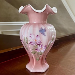 Fenton Glass Butterfly Hand Painted Dusty Rose Pink Overlay Vase