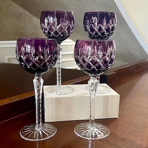 Set of 4 Ajka Amethyst Arabella Wine Hock Glasses; Crystal Color Cut to Clear Wine Hocks