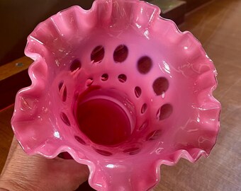 Fenton Glass Cranberry Opalescent Coin Dot Optic Ruffle Top Vase