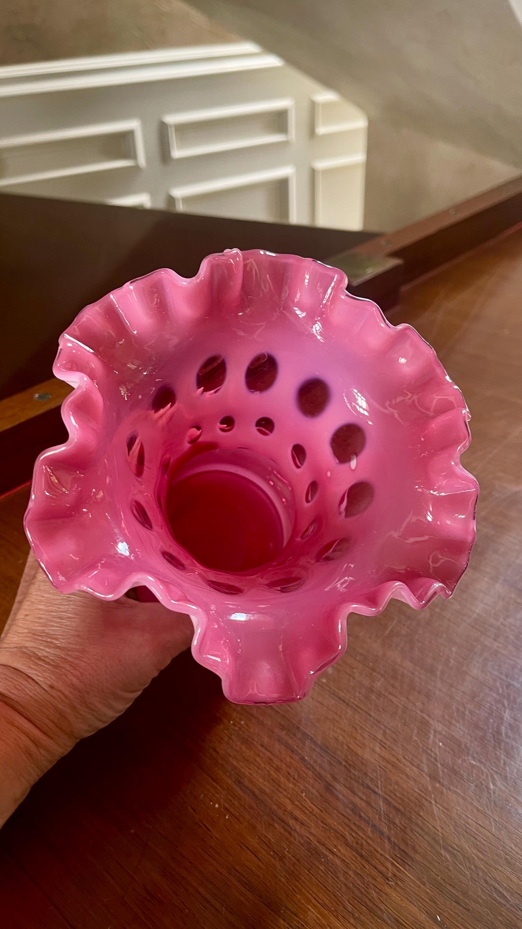Fenton Glass Cranberry Opalescent Coin Dot Optic Ruffle Top Vase