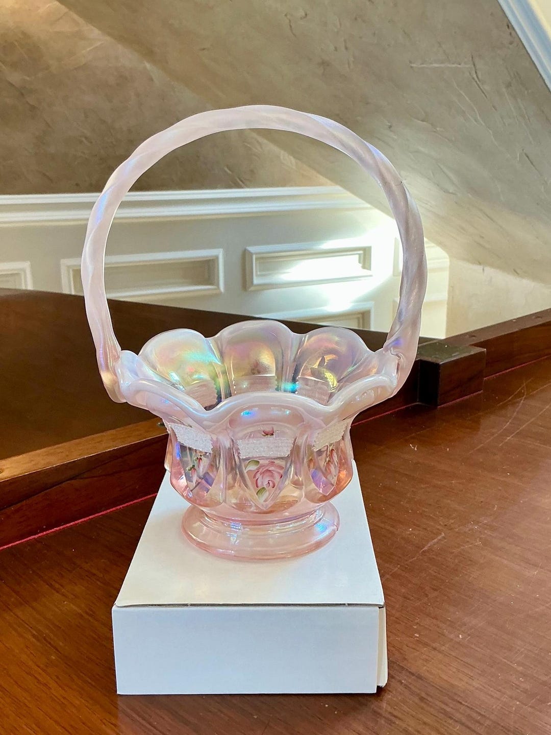 Fenton Glass Hand Painted Pink Iridescent Basket - Etsy