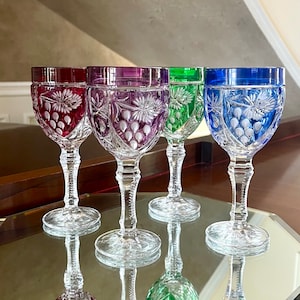 Set of 4 Vintage Anna Hutte Bleikristall Wine Glasses 7 1/8” Tall Multi Color