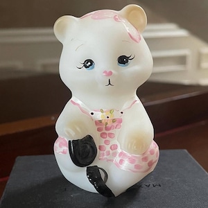 Fenton Satin Glass Hand Painted Bear; Paperweight; Vintage Fenton Bear