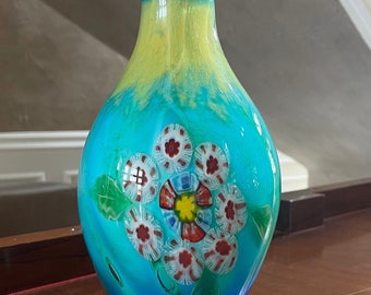 ムラーノガラスの花瓶アート ブルー シルバー マルチ ハンドメイド