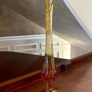 Mid Century Modern Fenton Amber 19” Swung Vase Thumbprint