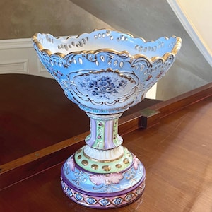 Large Hand Painted Porcelain Centerpiece Compote; Vintage Porcelain Dish; Vintage Compote; Dresden Style